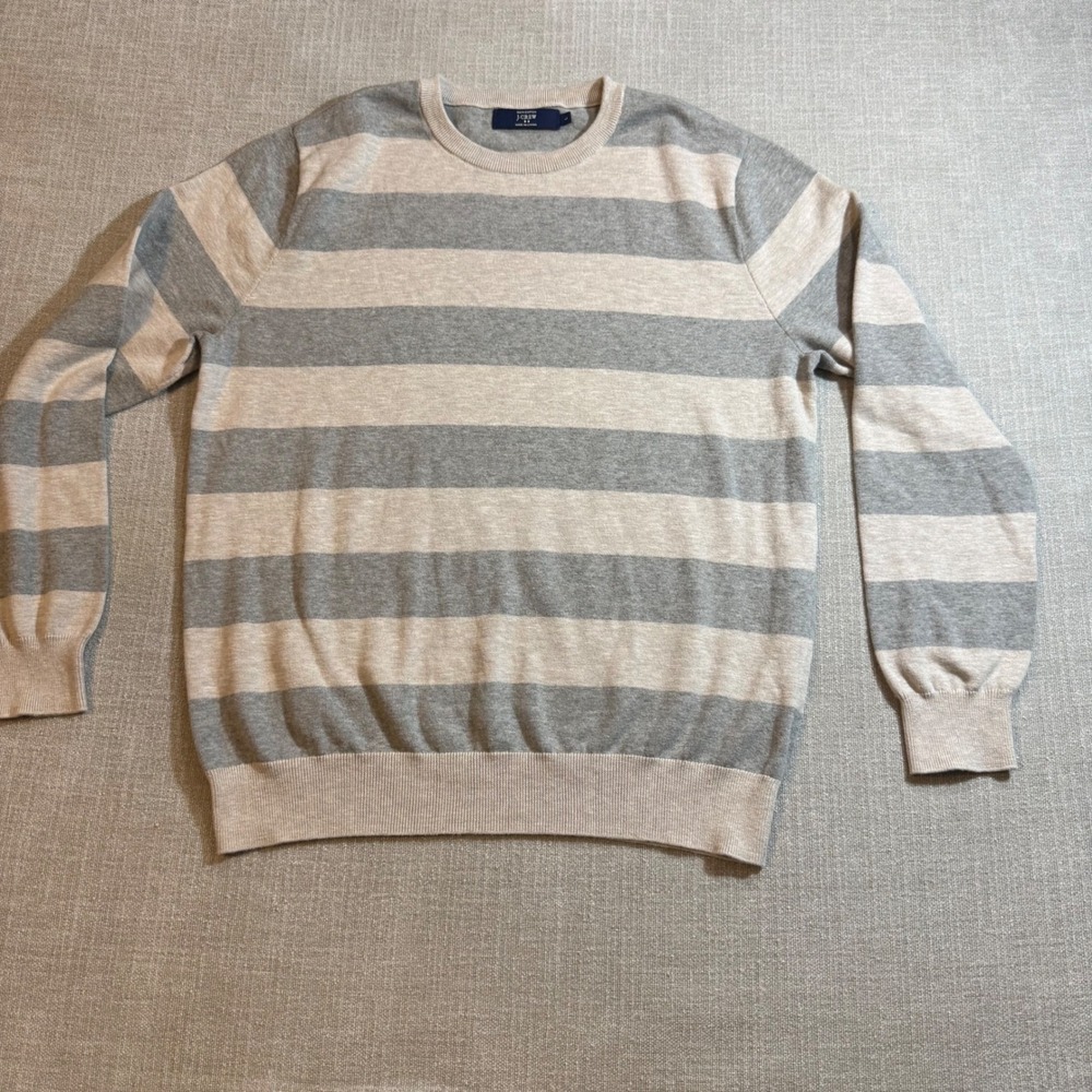 J.Crew Mens Striped Cotton Sweater Large Grey Heather Crewneck Pullover Preppy